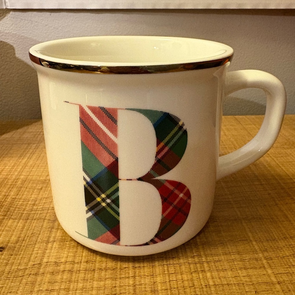 Pottery Barn White Mug with Plaid Monogram